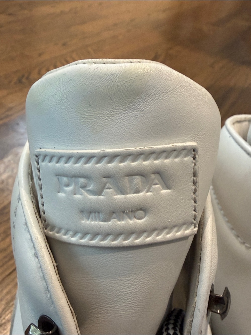 Prada White Leather Lace-Up Boots with Green Toe - Picture 14 of 16